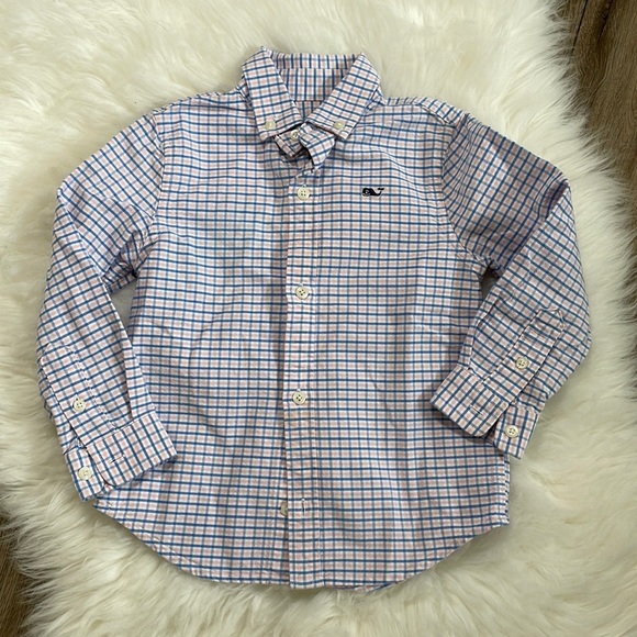 Vineyard Vines Boys Pink Blue Plaid Whale Button Down Long Sleeve Shirt 3T - Picture 1 of 8